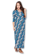 Load image into Gallery viewer, Made in USA - Blue 3/4 Sleeve Wrapped Ruched Maternity Dress  Zig Zag Style