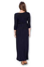 Load image into Gallery viewer, Made in USA- Black 3/4 Sleeve Wrapped Ruched Maternity Dress