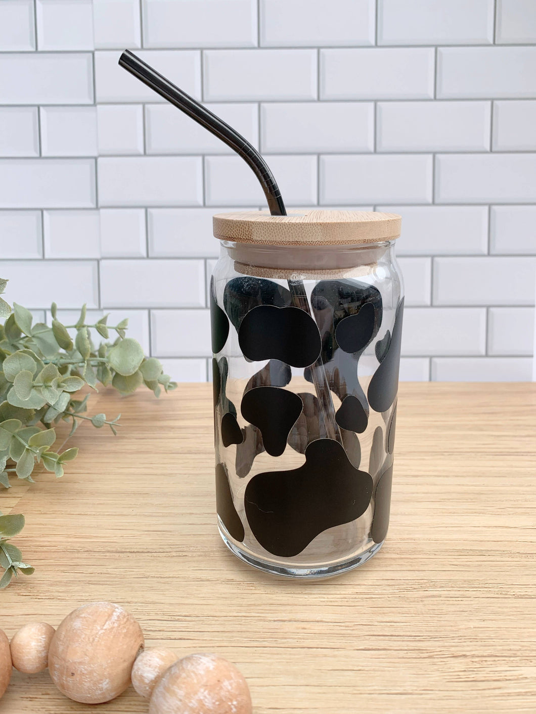 Cow Print Iced Coffee Glass w/Lid and Straw - 16oz