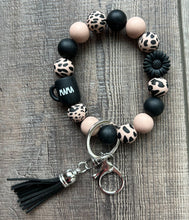 Load image into Gallery viewer, Mama Coffee Mug Black Daisy Leopard Wristlet Keychain
