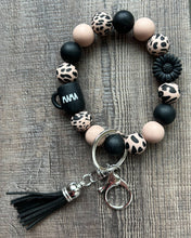 Load image into Gallery viewer, Mama Coffee Mug Black Daisy Leopard Wristlet Keychain
