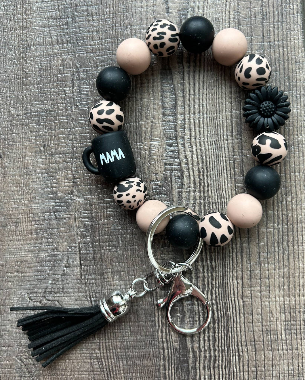 Mama Coffee Mug Black Daisy Leopard Wristlet Keychain
