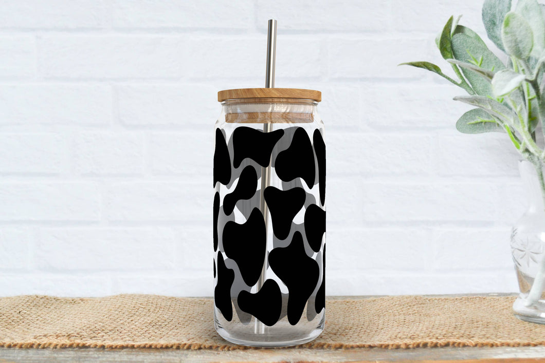 Cow Print Iced Coffee Glass w/Lid and Straw - 20oz