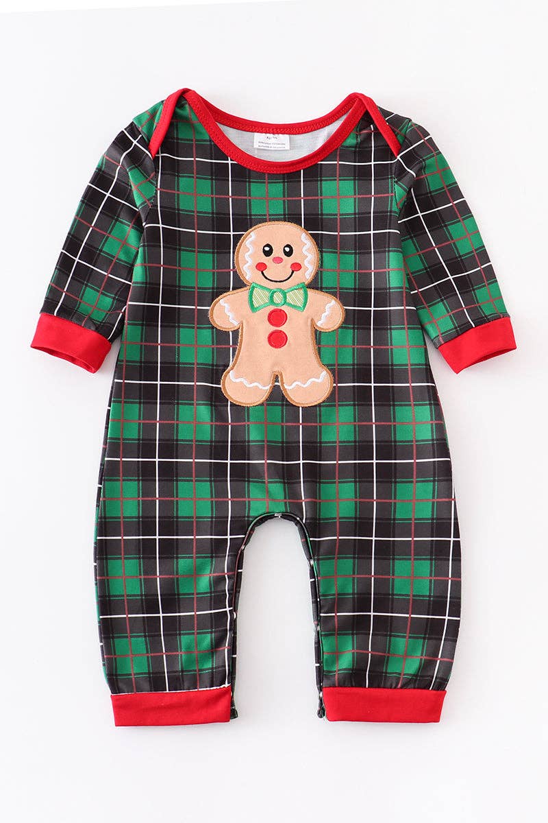 Forest gingerbread applique plaid boy baby romper