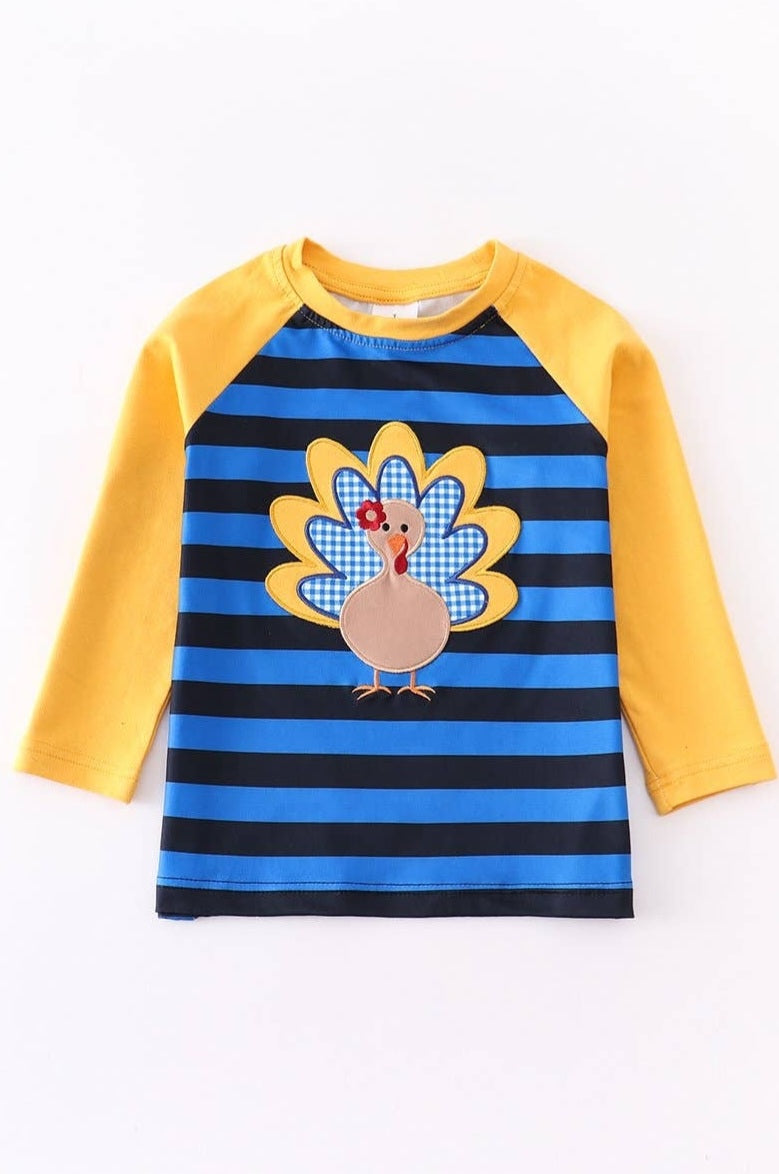 Yellow blue stripe turkey applique raglan shirt size 12 months